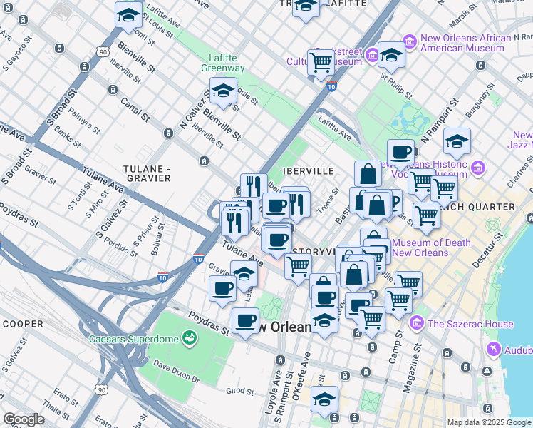 map of restaurants, bars, coffee shops, grocery stores, and more near 1576 Canal Street in New Orleans