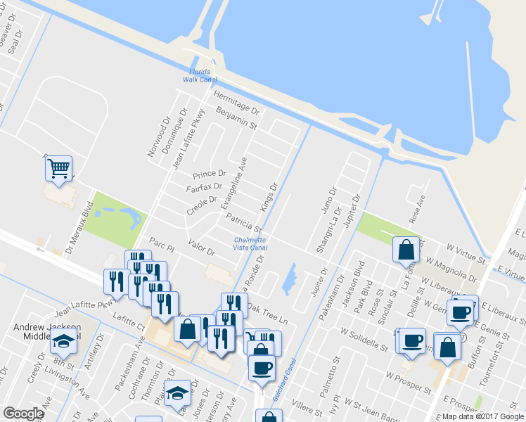 map of restaurants, bars, coffee shops, grocery stores, and more near 3705 Kings Drive in Chalmette
