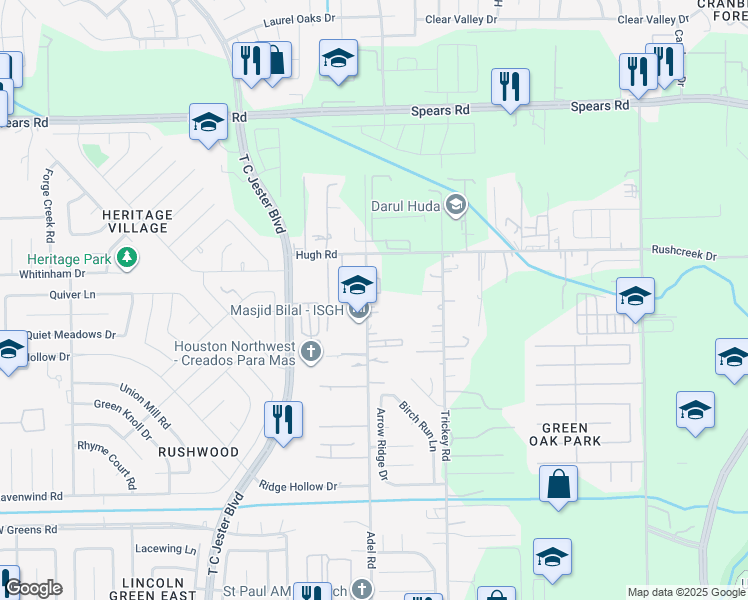 map of restaurants, bars, coffee shops, grocery stores, and more near 11910 Adel Road in Houston