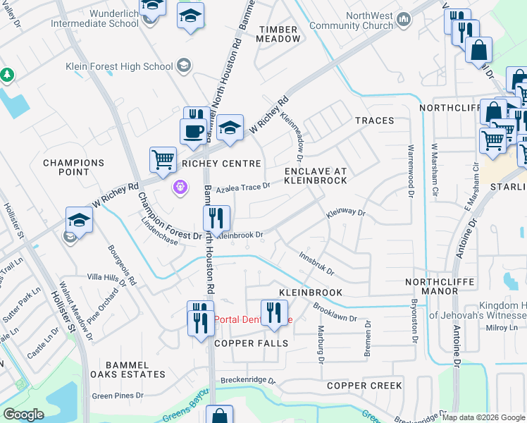 map of restaurants, bars, coffee shops, grocery stores, and more near 5114 Klein Orchard Drive in Houston