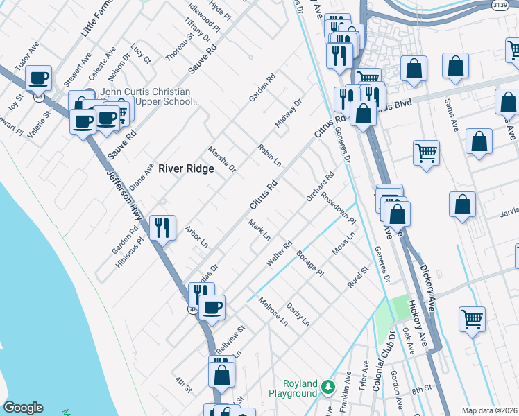 map of restaurants, bars, coffee shops, grocery stores, and more near 263 Citrus Road in River Ridge