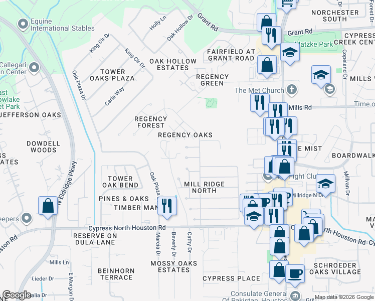 map of restaurants, bars, coffee shops, grocery stores, and more near 11419 Bent Way Drive in Cypress