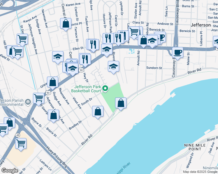 map of restaurants, bars, coffee shops, grocery stores, and more near 10 Williams Avenue in Jefferson