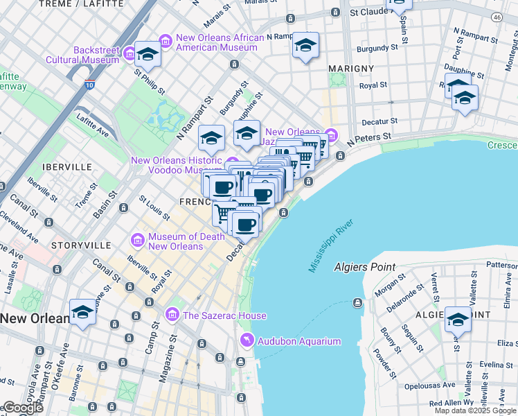 map of restaurants, bars, coffee shops, grocery stores, and more near 820 Decatur Street in New Orleans