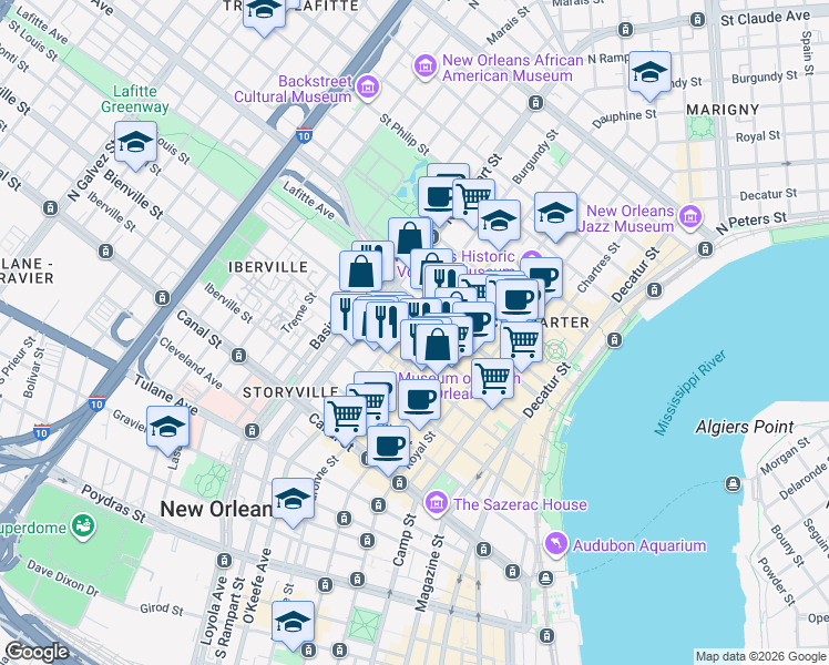 map of restaurants, bars, coffee shops, grocery stores, and more near 430 Burgundy Street in New Orleans