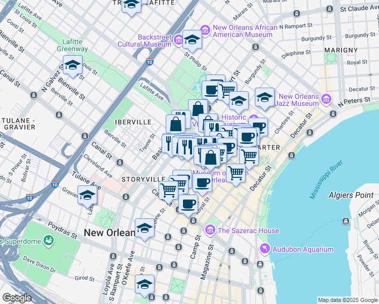 map of restaurants, bars, coffee shops, grocery stores, and more near 430 Burgundy Street in New Orleans