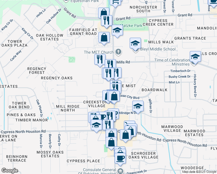 map of restaurants, bars, coffee shops, grocery stores, and more near 12777 Jones Road in Houston
