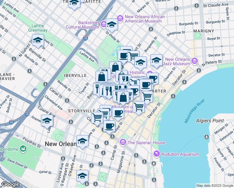 map of restaurants, bars, coffee shops, grocery stores, and more near 430 Burgundy Street in New Orleans