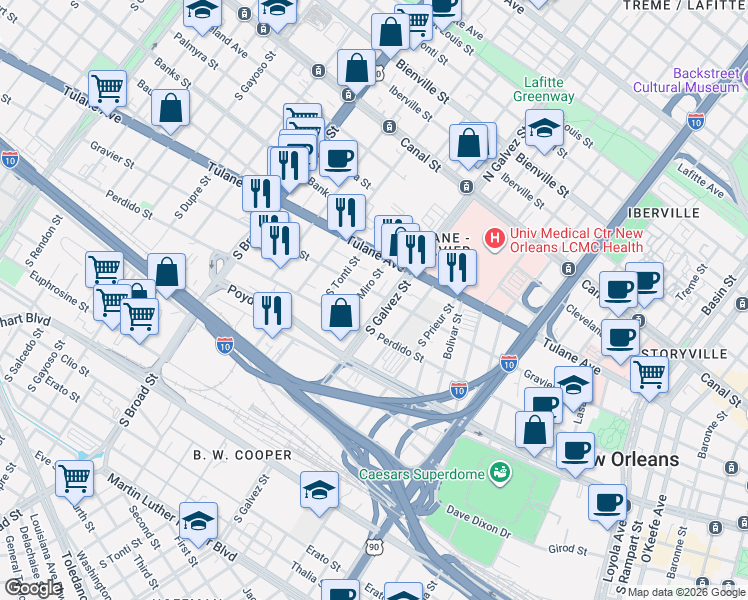 map of restaurants, bars, coffee shops, grocery stores, and more near 620 South Miro Street in New Orleans