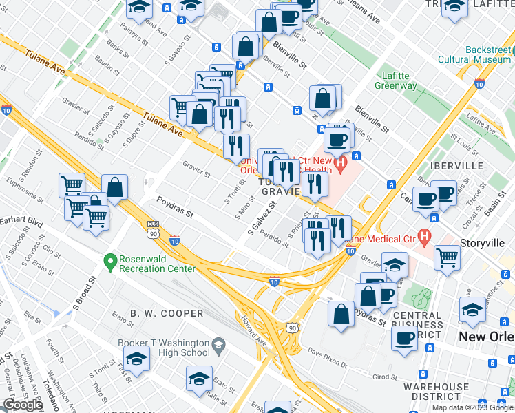 map of restaurants, bars, coffee shops, grocery stores, and more near 2212 Gravier Street in New Orleans