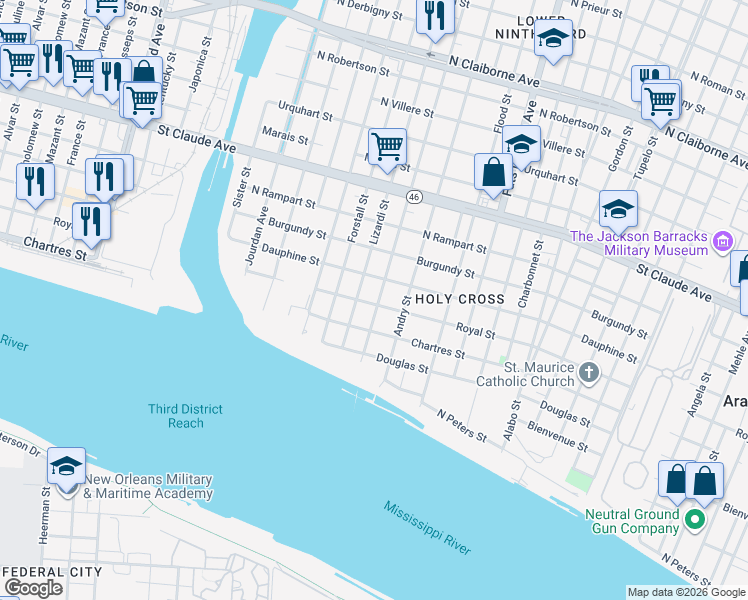 map of restaurants, bars, coffee shops, grocery stores, and more near 710 Egania Street in New Orleans