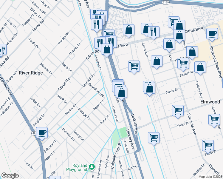 map of restaurants, bars, coffee shops, grocery stores, and more near 1400 Hickory Avenue in Harahan