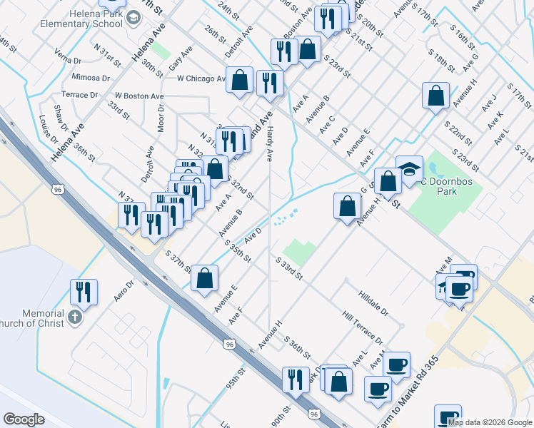 map of restaurants, bars, coffee shops, grocery stores, and more near 3216 Ave C in Nederland