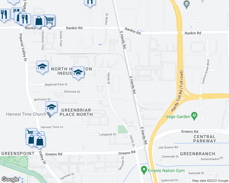 map of restaurants, bars, coffee shops, grocery stores, and more near 17910 Karlow Trail Lane in Houston