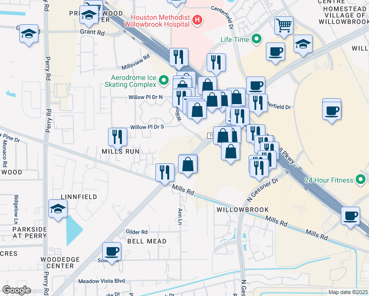 map of restaurants, bars, coffee shops, grocery stores, and more near 8300 Cypress Creek Parkway in Houston