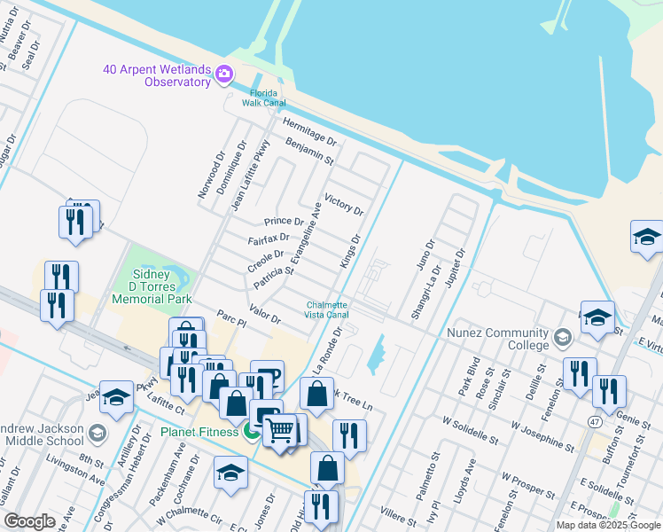 map of restaurants, bars, coffee shops, grocery stores, and more near 3705 Kings Drive in Chalmette