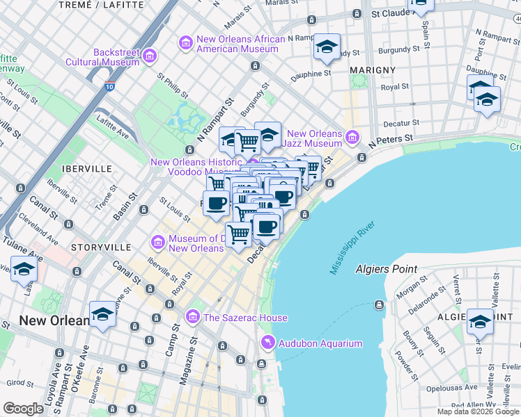 map of restaurants, bars, coffee shops, grocery stores, and more near 751 Chartres Street in New Orleans