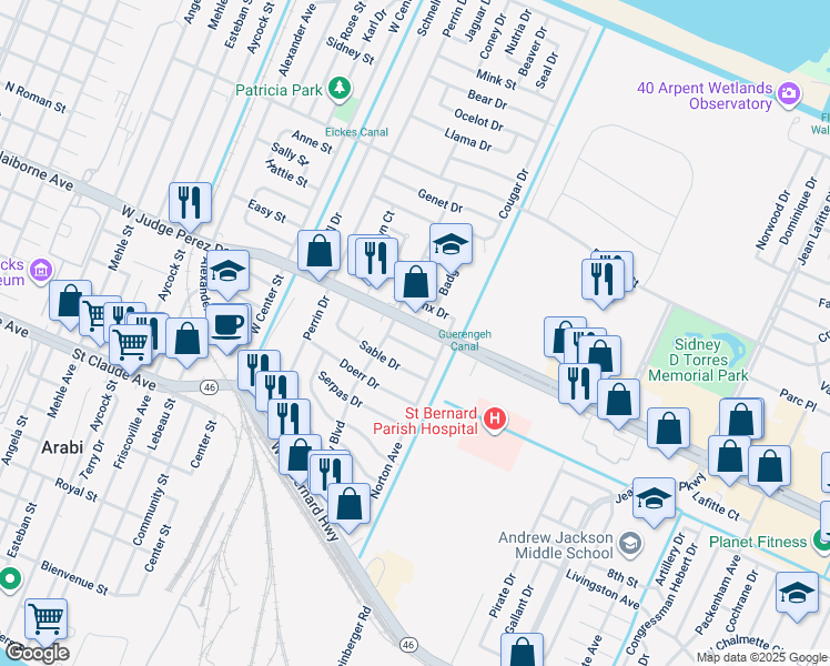 map of restaurants, bars, coffee shops, grocery stores, and more near 7628 West Judge Perez Drive in Arabi