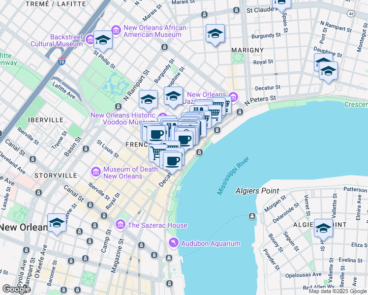 map of restaurants, bars, coffee shops, grocery stores, and more near 820 Decatur Street in New Orleans