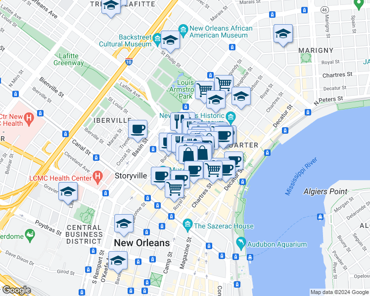 map of restaurants, bars, coffee shops, grocery stores, and more near 522 Dauphine Street in New Orleans