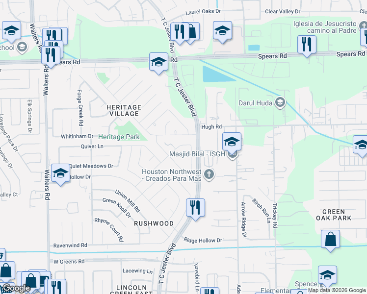 map of restaurants, bars, coffee shops, grocery stores, and more near 1911 Delphi Lane in Houston