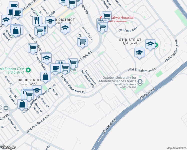 map of restaurants, bars, coffee shops, grocery stores, and more near Doctor Moustafa Mosharafa in First 6th of October