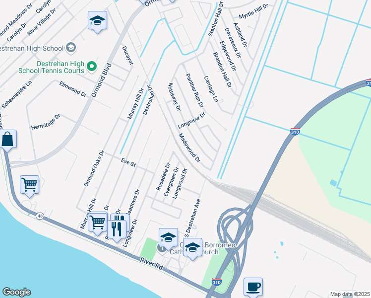 map of restaurants, bars, coffee shops, grocery stores, and more near 318 Madewood Drive in Destrehan