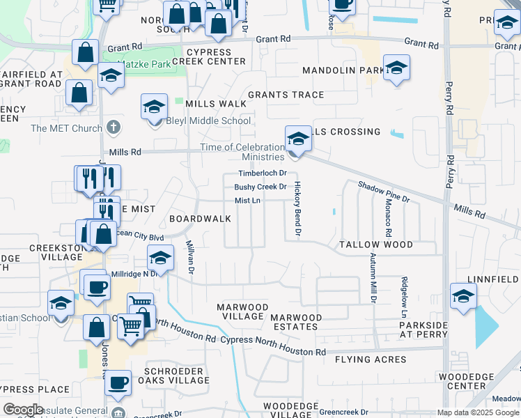 map of restaurants, bars, coffee shops, grocery stores, and more near 12655 Pine Bush Drive in Houston