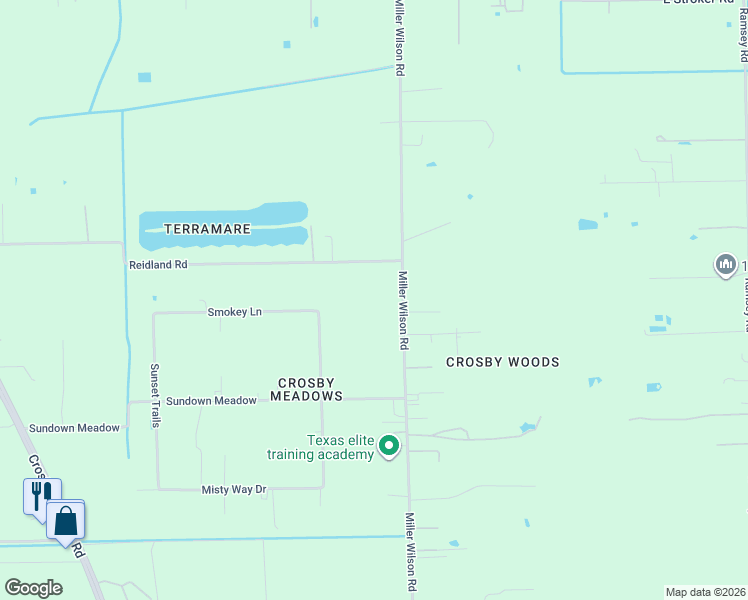 map of restaurants, bars, coffee shops, grocery stores, and more near 19321 Miller Wilson Road in Crosby