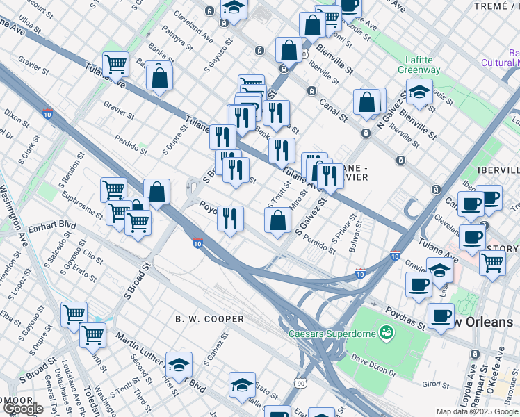 map of restaurants, bars, coffee shops, grocery stores, and more near 2321 Perdido Street in New Orleans