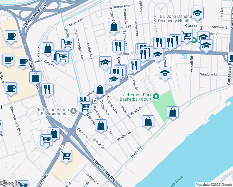 map of restaurants, bars, coffee shops, grocery stores, and more near 4440 Jefferson Highway in Jefferson