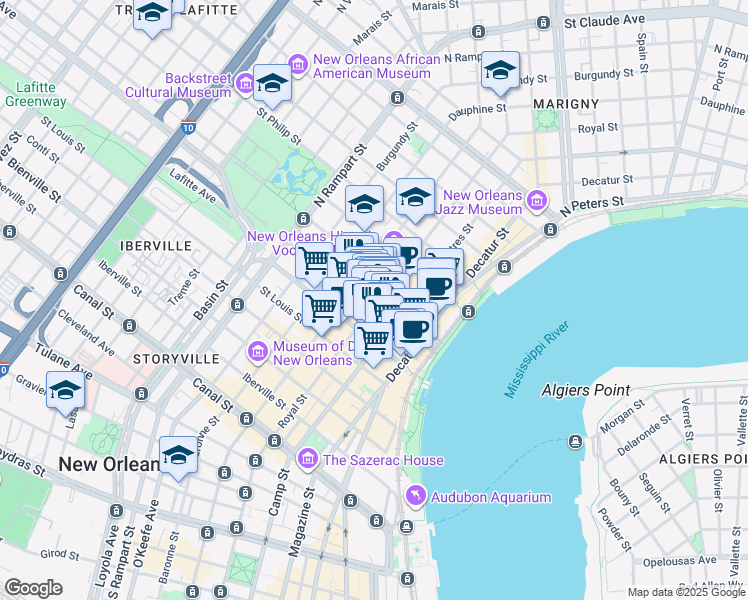 map of restaurants, bars, coffee shops, grocery stores, and more near 709 Royal Street in New Orleans