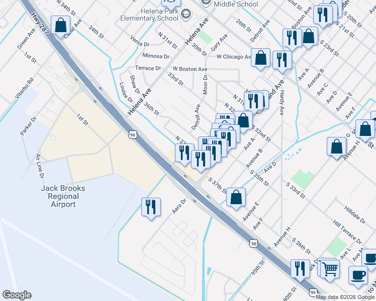 map of restaurants, bars, coffee shops, grocery stores, and more near 307 N 37th St in Nederland