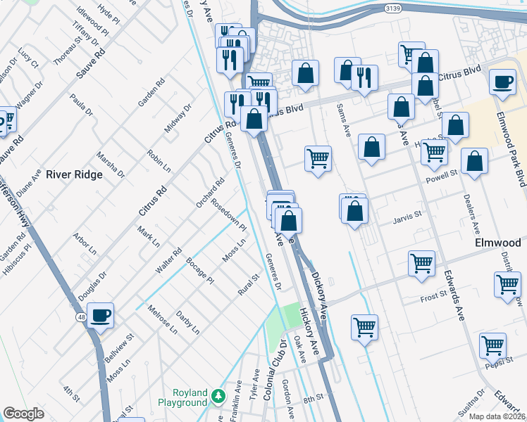 map of restaurants, bars, coffee shops, grocery stores, and more near 1400 Hickory Avenue in Harahan