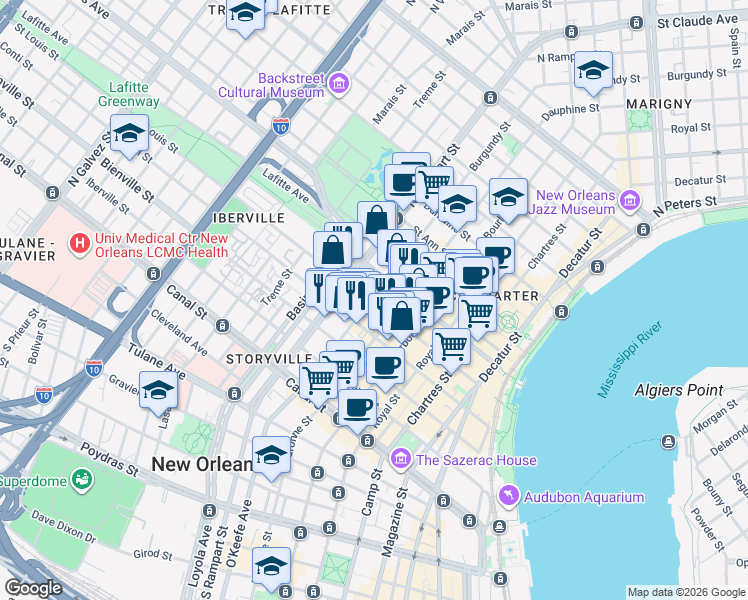 map of restaurants, bars, coffee shops, grocery stores, and more near 430 Burgundy Street in New Orleans