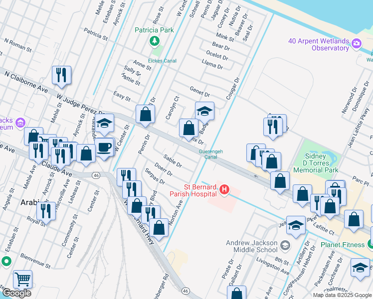 map of restaurants, bars, coffee shops, grocery stores, and more near 621 Alpaca Drive in Arabi