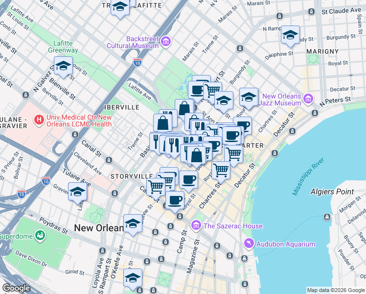 map of restaurants, bars, coffee shops, grocery stores, and more near 430 Burgundy Street in New Orleans