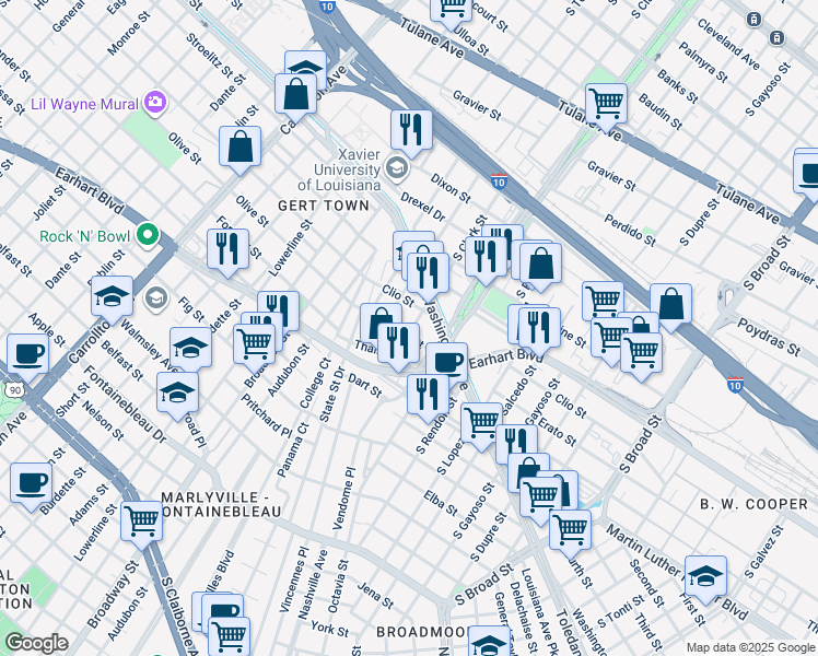 map of restaurants, bars, coffee shops, grocery stores, and more near 1199 South Norman C Francis Parkway in New Orleans
