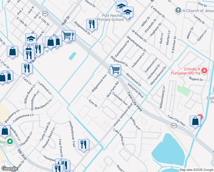 map of restaurants, bars, coffee shops, grocery stores, and more near 4637 Rice Farm Road in Port Arthur