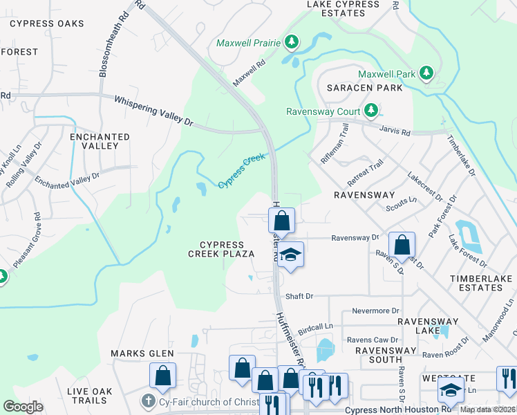 map of restaurants, bars, coffee shops, grocery stores, and more near 12703 Huffmeister Road in Cypress