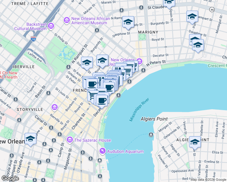 map of restaurants, bars, coffee shops, grocery stores, and more near 900 Decatur St in New Orleans
