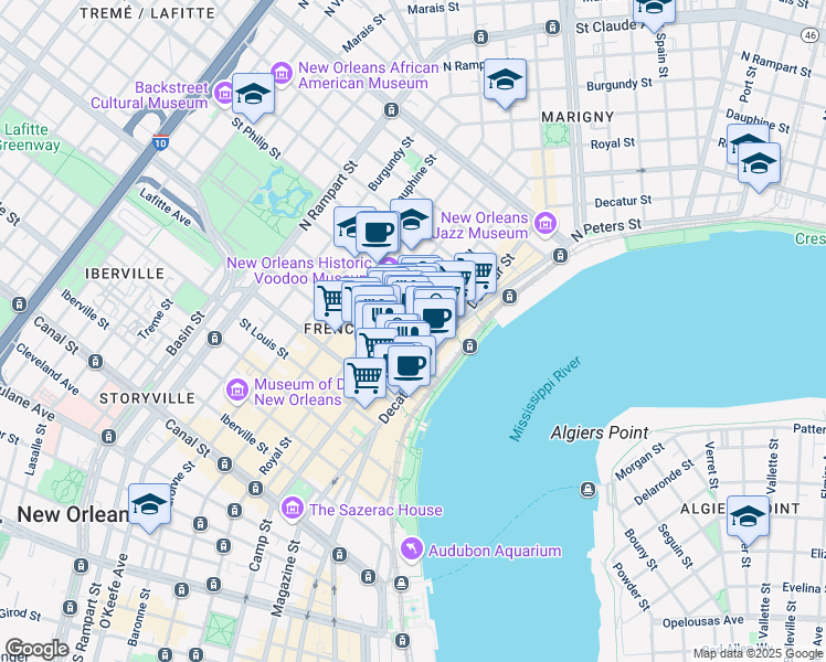 map of restaurants, bars, coffee shops, grocery stores, and more near 806 Chartres Street in New Orleans