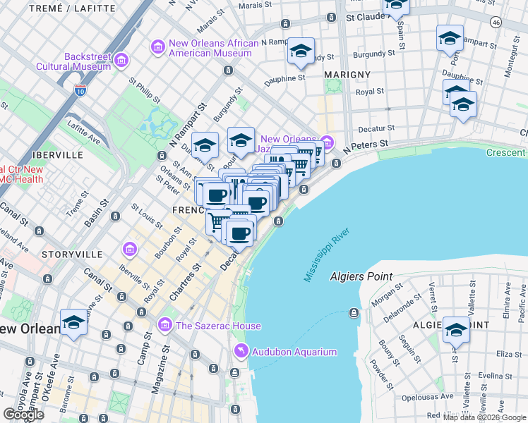map of restaurants, bars, coffee shops, grocery stores, and more near 514 Dumaine Street in New Orleans