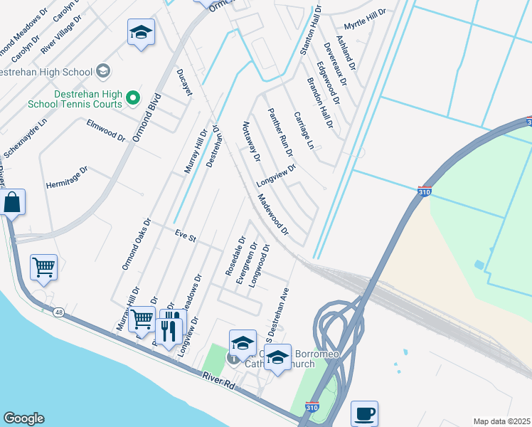 map of restaurants, bars, coffee shops, grocery stores, and more near 318 Madewood Drive in Destrehan