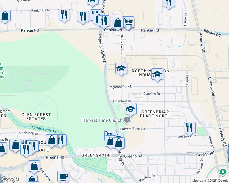 map of restaurants, bars, coffee shops, grocery stores, and more near 522 Richview Court in Houston