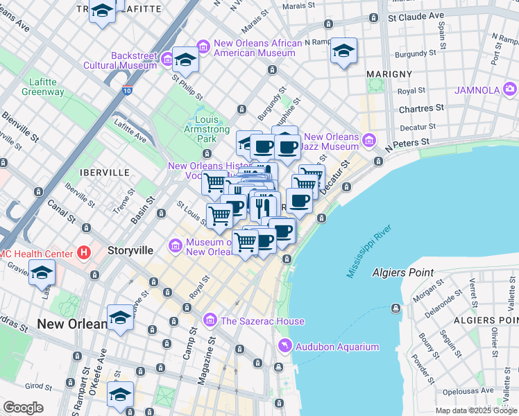 map of restaurants, bars, coffee shops, grocery stores, and more near in New Orleans