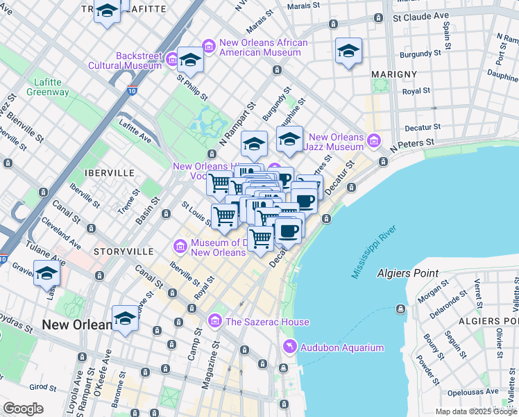 map of restaurants, bars, coffee shops, grocery stores, and more near in New Orleans
