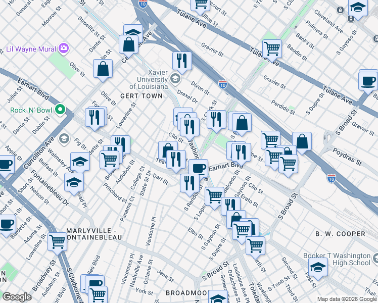map of restaurants, bars, coffee shops, grocery stores, and more near 1199 South Norman C Francis Parkway in New Orleans