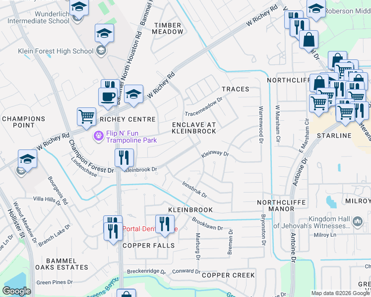 map of restaurants, bars, coffee shops, grocery stores, and more near 5026 Kleinbrook Drive in Houston