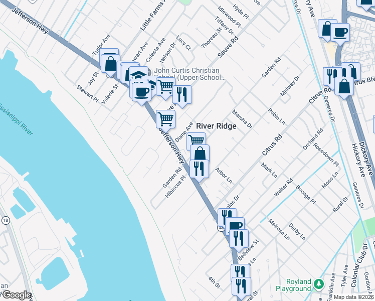 map of restaurants, bars, coffee shops, grocery stores, and more near 208 Garden Road in River Ridge